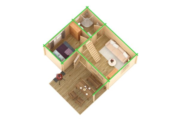 Holzhaus „Oklahoma” 36m² | 70mm | 6x5m | G0091 Holzhaus 36m² | 70mm | 6x5m (Querschnitt)