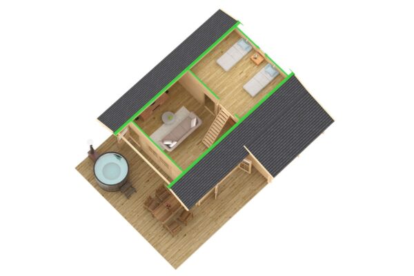 Ferienhaus mit Schlafboden 56m² | 70mm | 7x7m (Draufsicht)