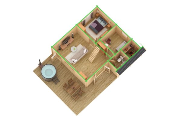 Ferienhaus mit Schlafboden 56m² | 70mm | 7x7m (Querschnitt)