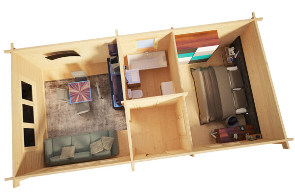 Ein Schlafzimmer Blockhaus Holiday J 40m2 / 4,5 x 9 m / 70mm