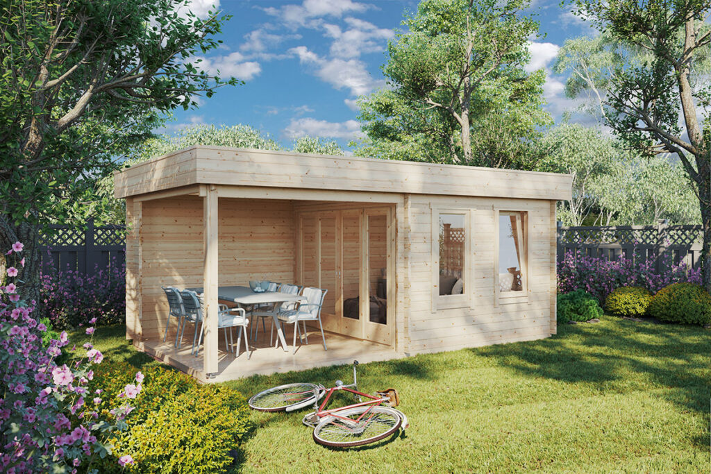 Modernes Gartenhaus mit Terrasse Lucas E: 9 m² / 44 mm / 3 x 6 m