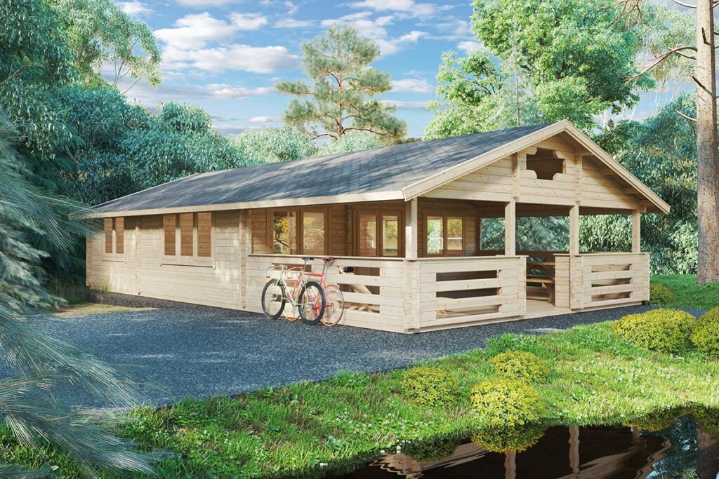 Blockhaus Holiday F mit Satteldach, zwei Schlafzimmern, Badezimmer und großer Terrasse