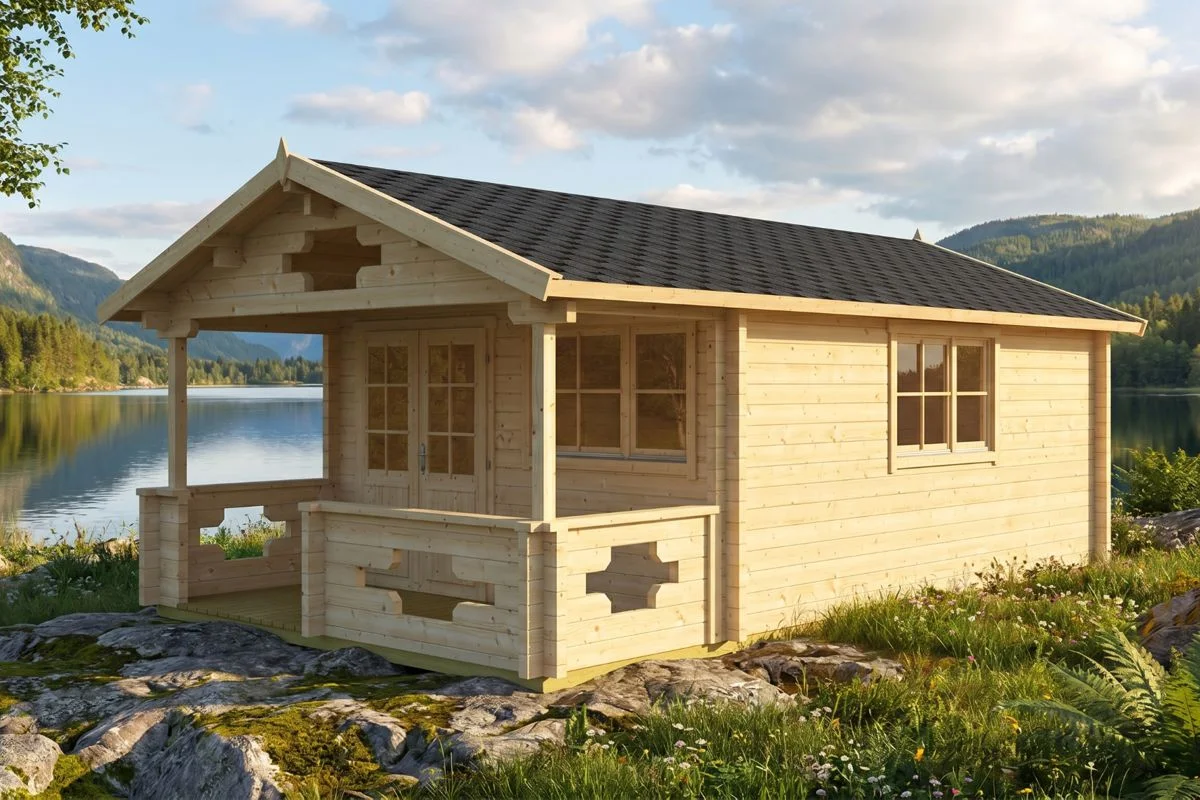 Saunahaus mit Terrasse “Sommerland” 19m² | 70mm | 4x7m | G0110 Saunahaus mit Terrasse 19m² | 70mm | 4x7m