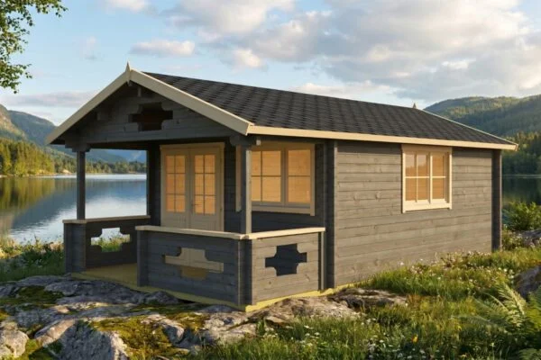 Saunahaus mit Terrasse “Sommerland” 19m² | 70mm | 4x7m | G0110 Saunahaus mit Terrasse 19m² | 70mm | 4x7m (bemalt)