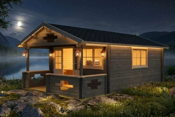Saunahaus mit Terrasse “Sommerland” 19m² | 70mm | 4x7m | G0110 Saunahaus mit Terrasse 19m² | 70mm | 4x7m (nachts)