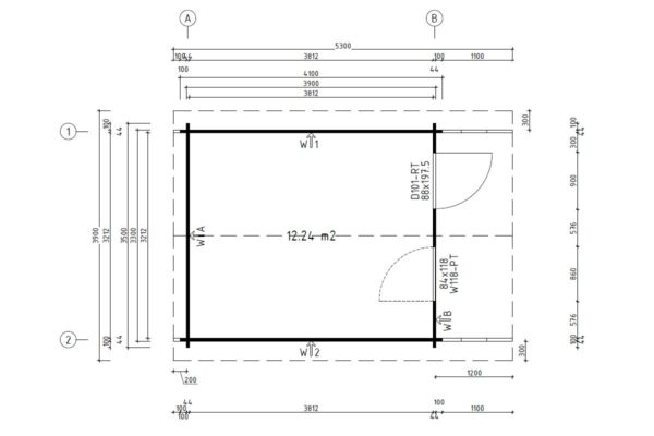 Gartenhaus mit Vordach 12.5m² | 44mm | 3x4m