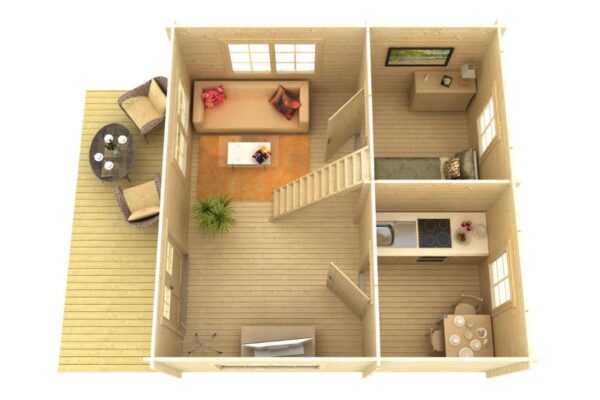 Gartenhaus mit Veranda „Stockholm” 25m² | 58mm | 7x6m | G0003 Gartenhaus mit Veranda 25m² | 58mm | 7x6m (Querschnitt)