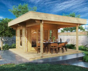 Kleines Gartenhaus mit Terrasse aus Holz