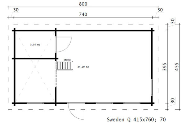 Blockbohlenhaus mit Schlafboden Schweden Q / 35m2 / 7 x 4 m