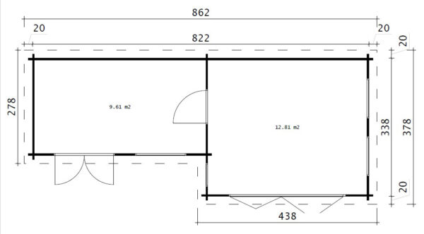 Gartenhaus Amelia mit zwei Zimmern 22 m2 / 44mm / 8 x 4
