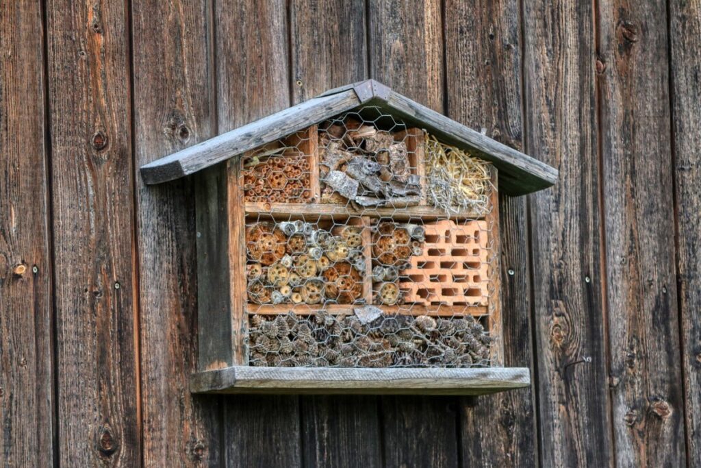 Kleines Insektenhotel an Gartenhauswand