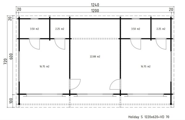 Blockhaus mit zwei Schlafzimmern Holiday S2 / 70 mm / 12 x 6 m / 70 m2