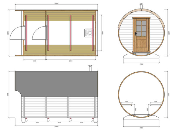 Fass sauna mit Sonnendach | Barrel sauna with canopy | G0372