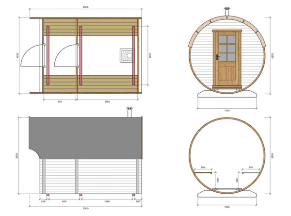 Barrel sauna M with overhang drawings
