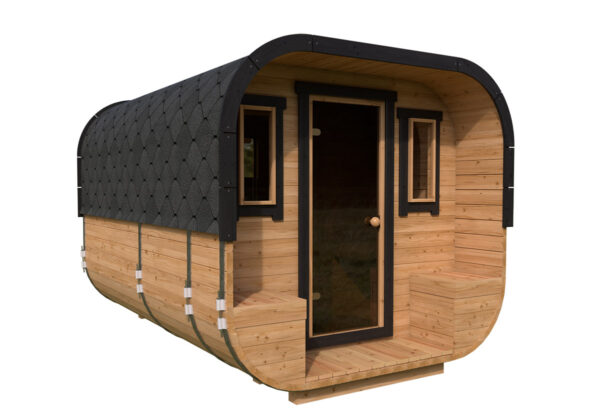 Modernes Fass-Sauna aus Holz,. vorne links