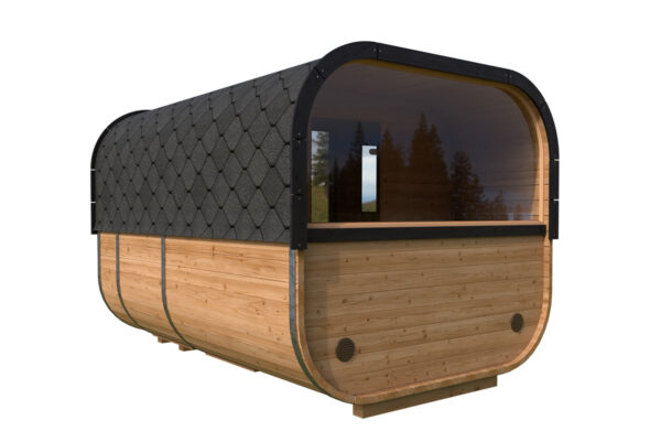 modernes Fass-Sauna aus Holz von hinten