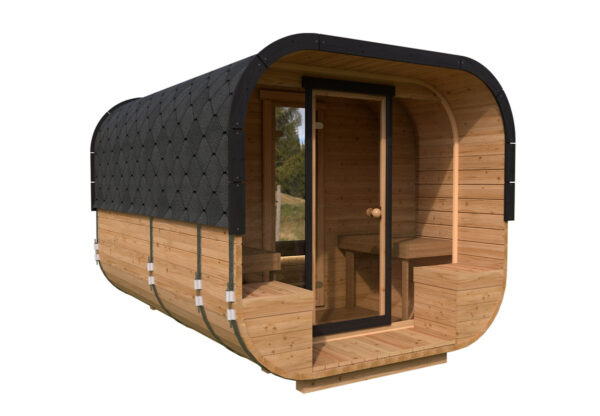 Modernes Fass-Sauna aus Holz von vorne, Glasfront