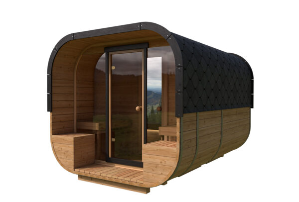 Modernes Fass-Sauna aus Holz von vorne rechts, Glasfront