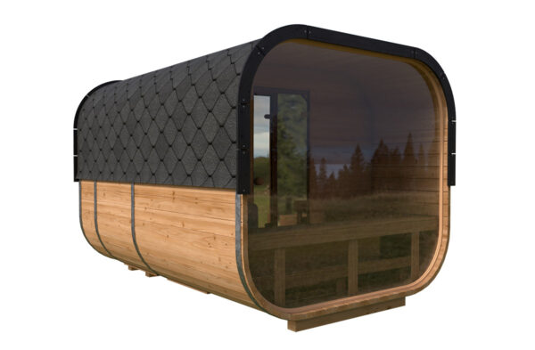 Modernes Fass-Sauna aus Holz von hinten, vollglas