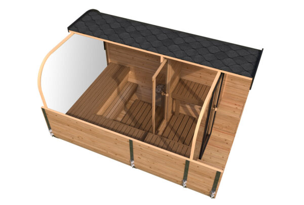 Modernes Fass-Sauna aus Holz, Schnitt-Ansicht