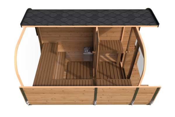 Modernes Fass-Sauna aus Holz, querschnitt-Ansicht