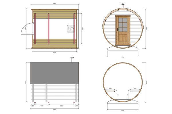 Kleine Fasssauna Plan 6m² | 2x3m | 40mm | TG013-8