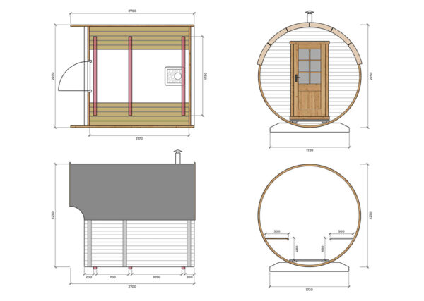 Kleine Fasssauna mit Vordach Plan 2x3m | 6m² | 40mm | TG014-10