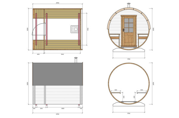 Kleine Fasssauna mit Terrasse Plan 6m² | 2x3m | 40mm | TG015-18