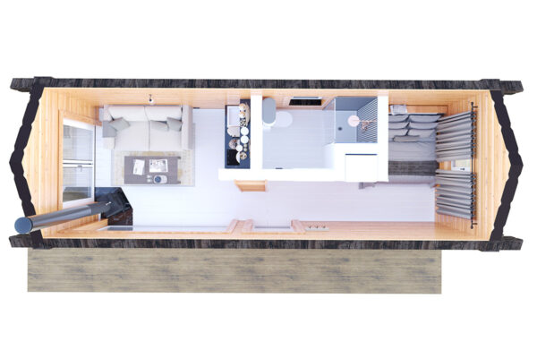 Fertig-Blockhaus "HyggeHut" 8x3m | Winterfest | G0412 Tiny House "HyggeHut" – Winterfestes Blockhaus schlüsselfertig (8x3 m)