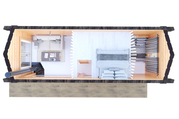 Fertig-Blockhaus "HyggeHut" 8x3m | Winterfest | G0412 Tiny House "HyggeHut" – Winterfestes Blockhaus schlüsselfertig (8x3 m)