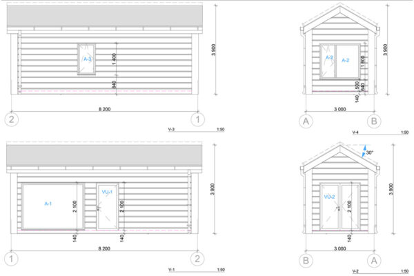 Fertig-Blockhaus "HyggeHut" 8x3m | Ansichten | G0412 Tiny House "HyggeHut" – Winterfestes Blockhaus schlüsselfertig (8x3 m)