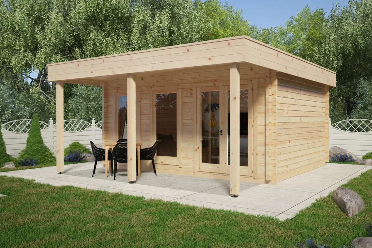 hölzernes Gartenhaus Ian E mit Flachdach und 70mm Wandstärke