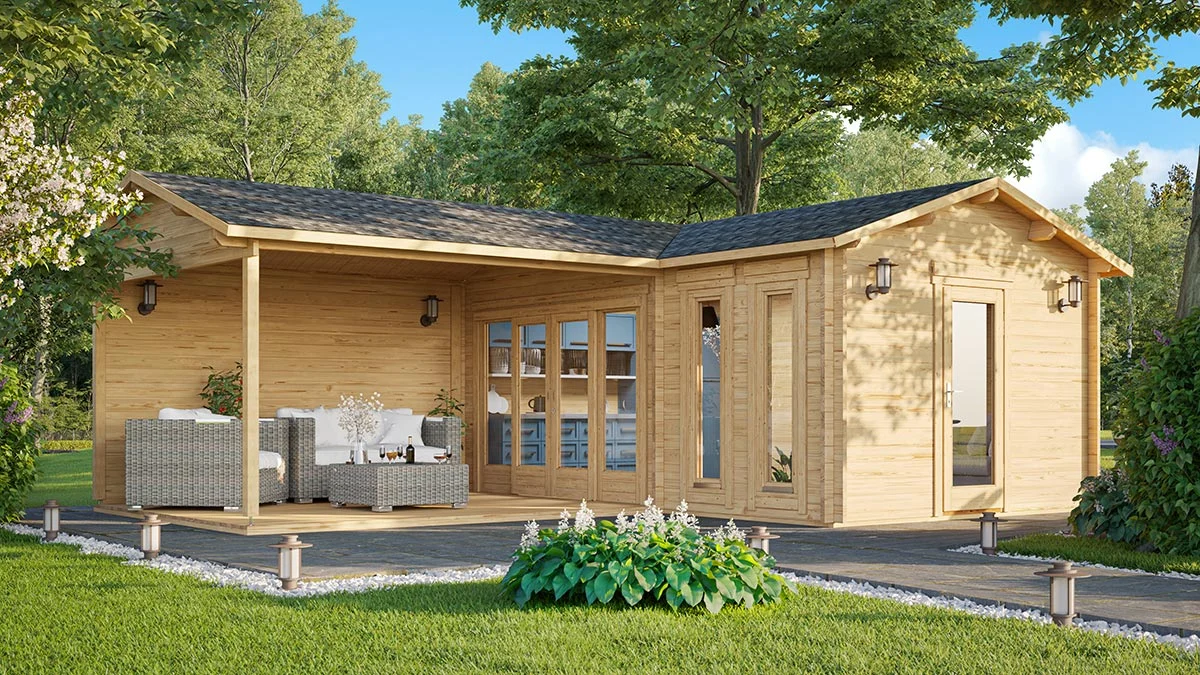 Eckgartenhaus mit Terrasse , Satteldach und Schiebetür | G0198