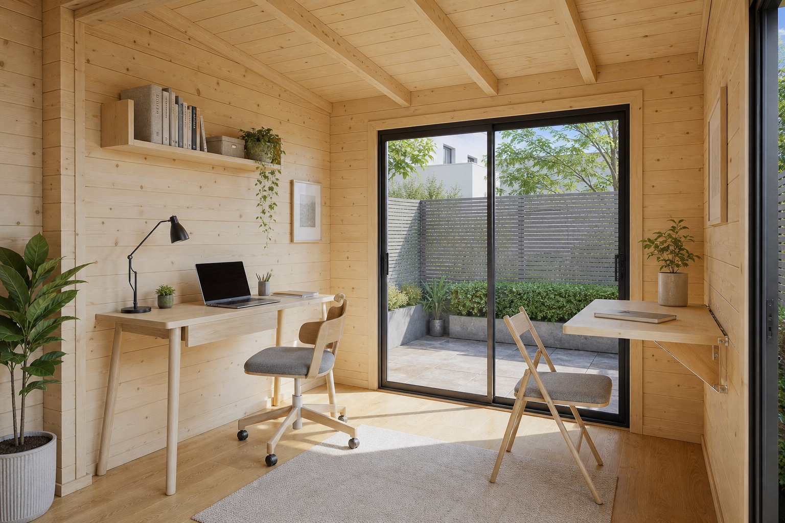 Wohnlicher Arbeitsplatz im Gartenhaus