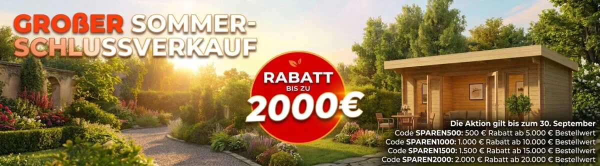 Großer Sommer-Schlussverkauf bei Hansagartenhaus – bis zu 2.000 € Rabatt auf Gartenhäuser, gültig bis 30. September