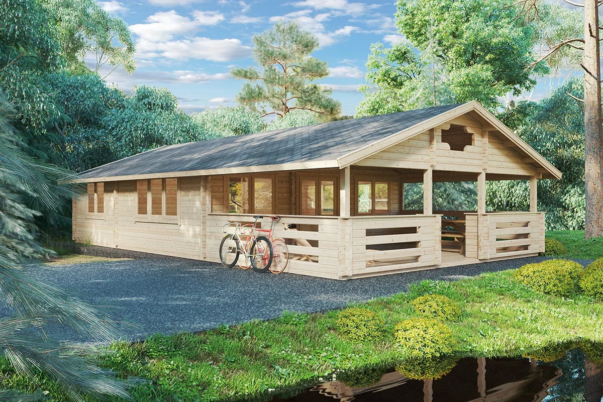 Blockhaus Holiday F mit Satteldach, zwei Schlafzimmern, Badezimmer und großer Terrasse