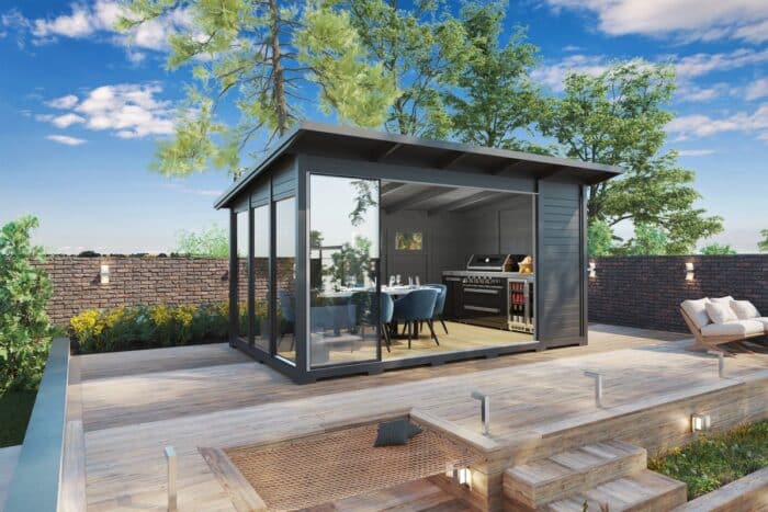 Modern grey garden house with sliding glass doors