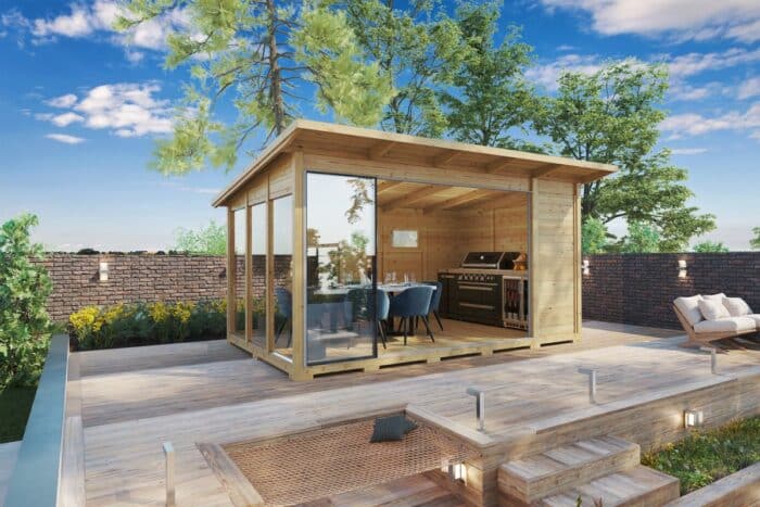 Modern grey garden house with sliding glass doors