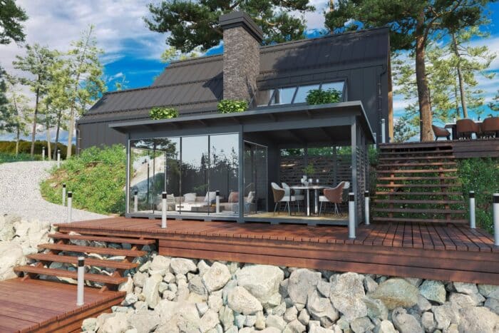 Modern grey garden room with glass wall and veranda